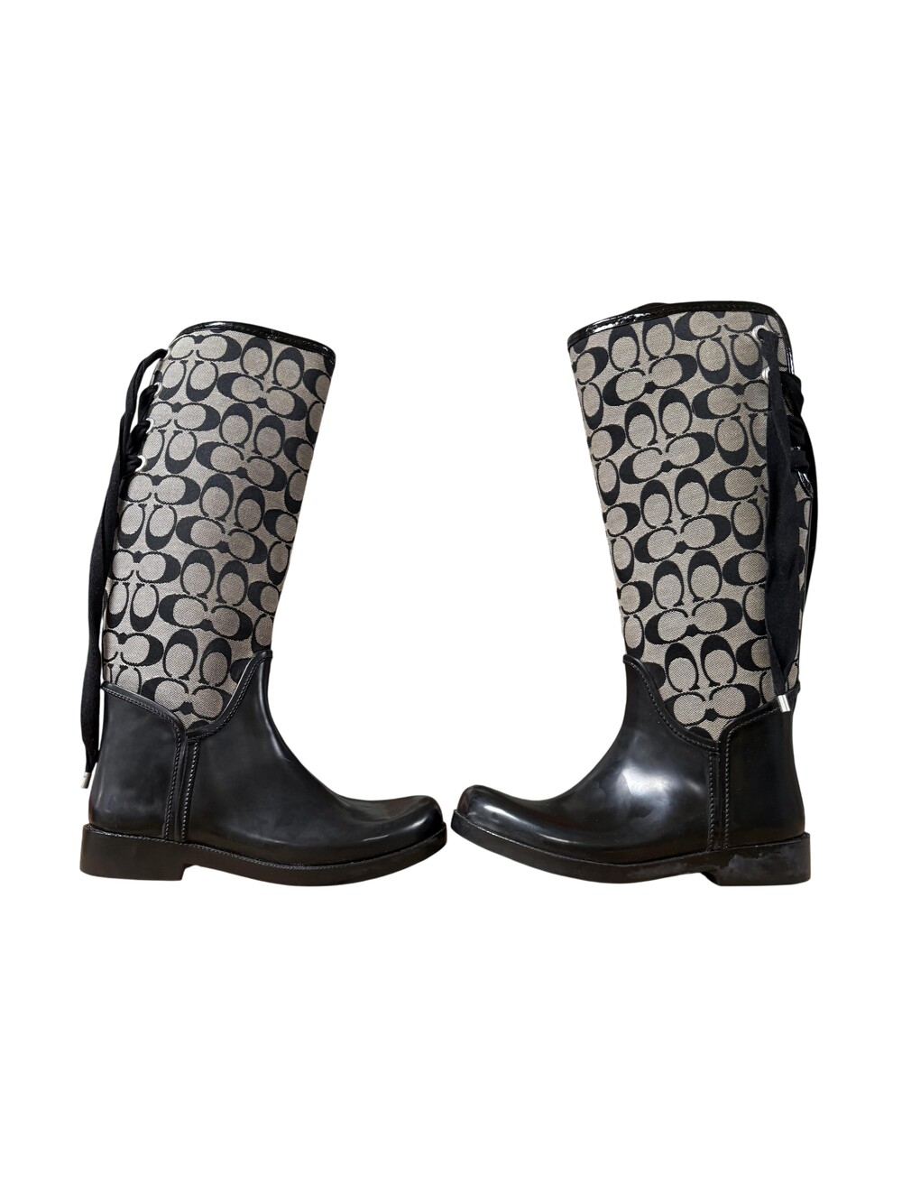 Coach Rain Boots Womens Size 7 Black Signature Jacquard Lace Up Knee High